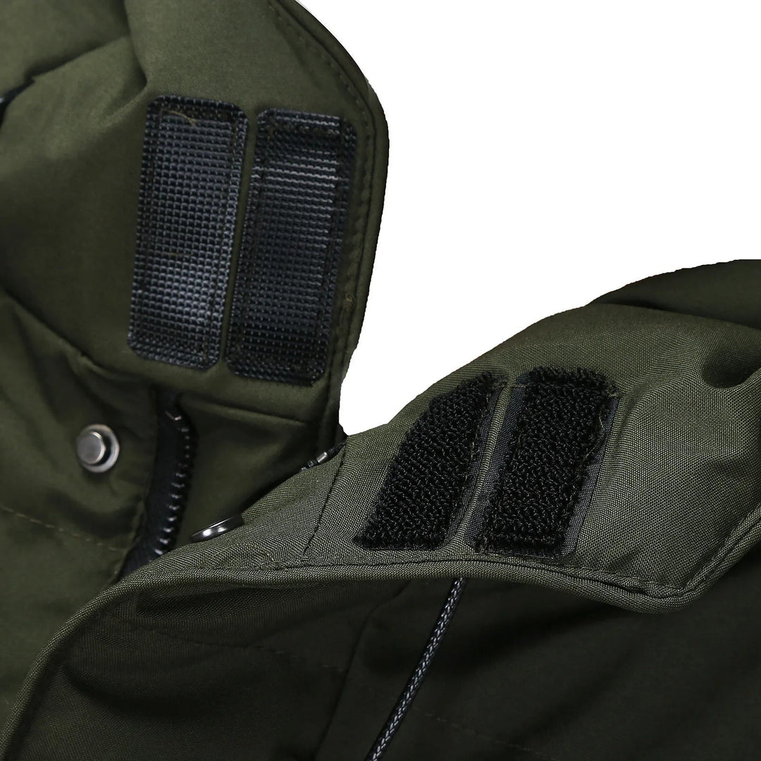Men's long hooded padded coat with quilted panels and multiple pockets