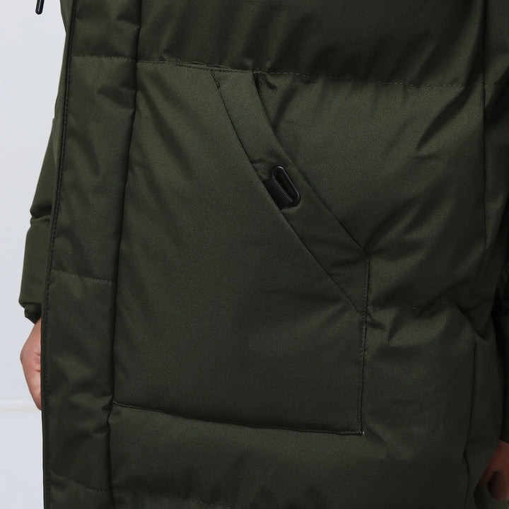 Men's long hooded padded coat with quilted panels and multiple pockets