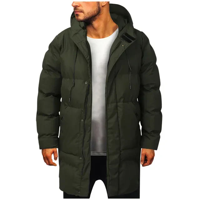 Men's long hooded padded coat with quilted panels and multiple pockets