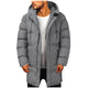 Men's long hooded padded coat with quilted panels and multiple pockets