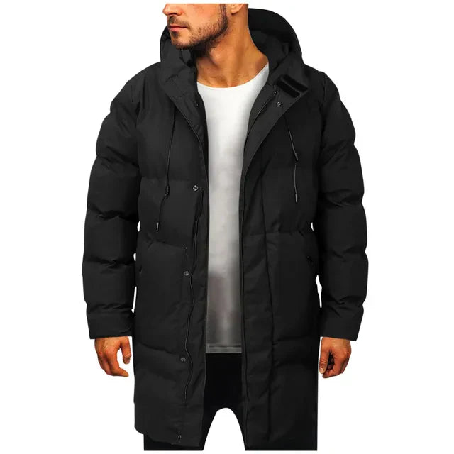 Men's long hooded padded coat with quilted panels and multiple pockets