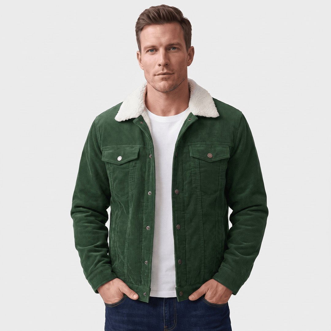 Men's corduroy jacket with contrasting sherpa collar and snap front