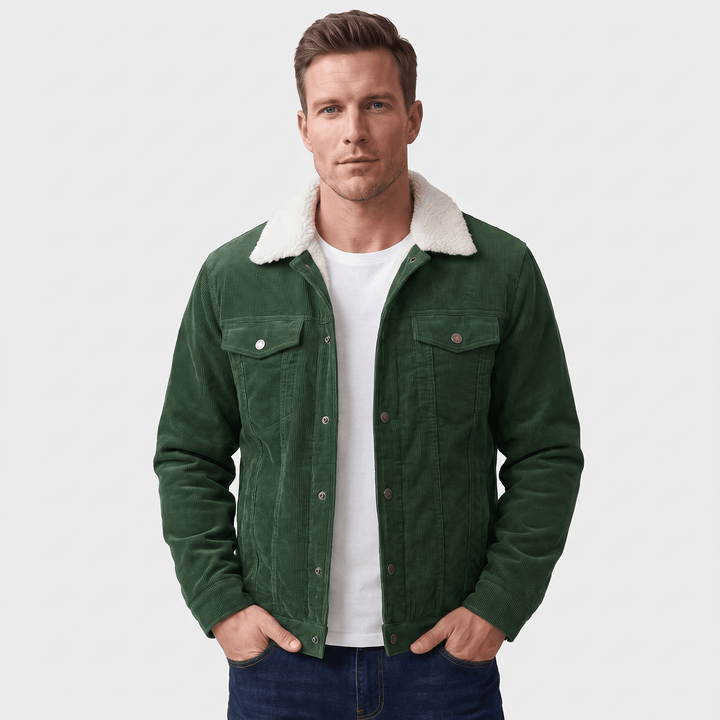 Men's corduroy jacket with contrasting sherpa collar and snap front