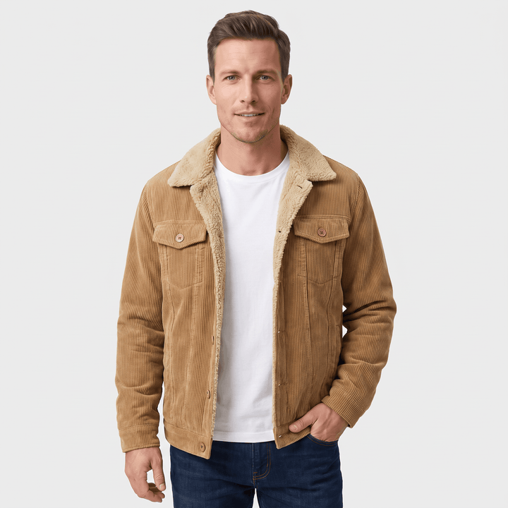 Men's corduroy jacket with contrasting sherpa collar and snap front