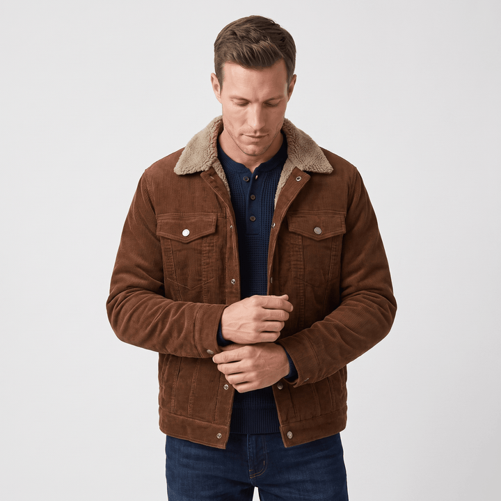 Men's corduroy jacket with contrasting sherpa collar and snap front