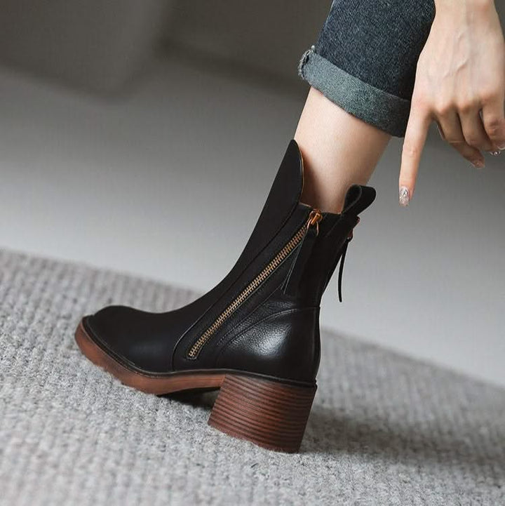 Women's ankle boots with side zippers and mid block heels