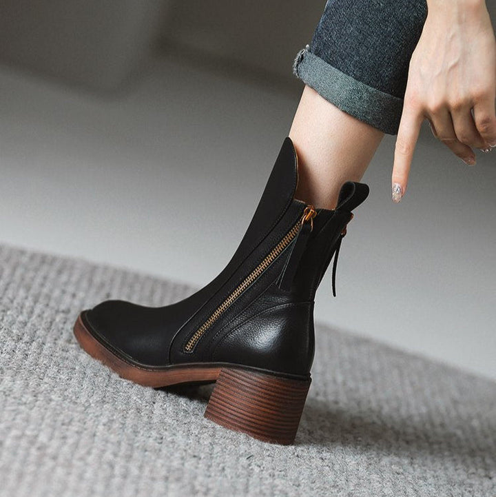 Women's ankle boots with side zippers and low block heels