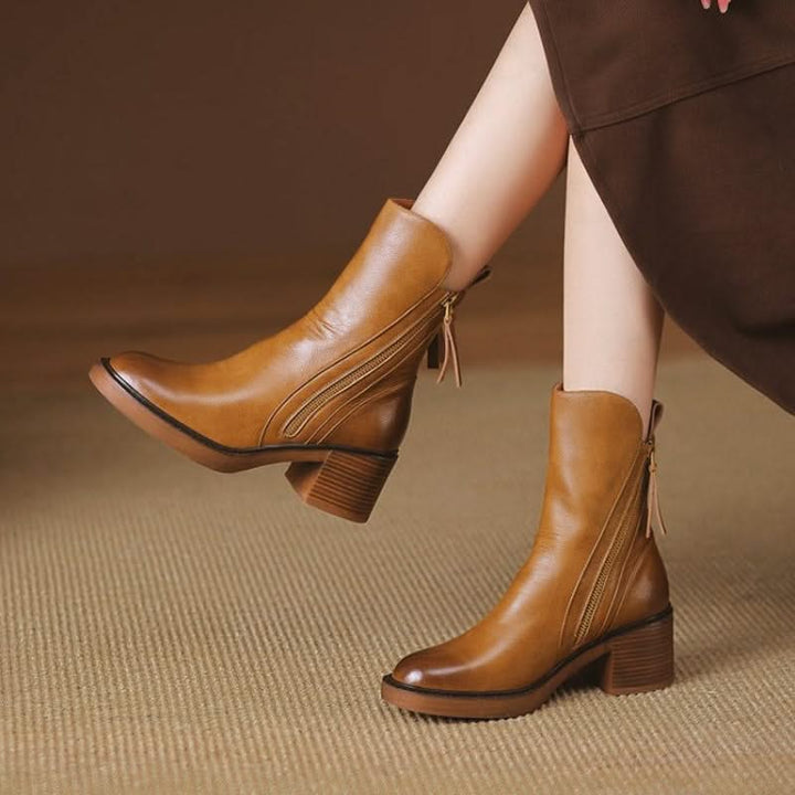 Women's ankle boots with side zippers and mid block heels