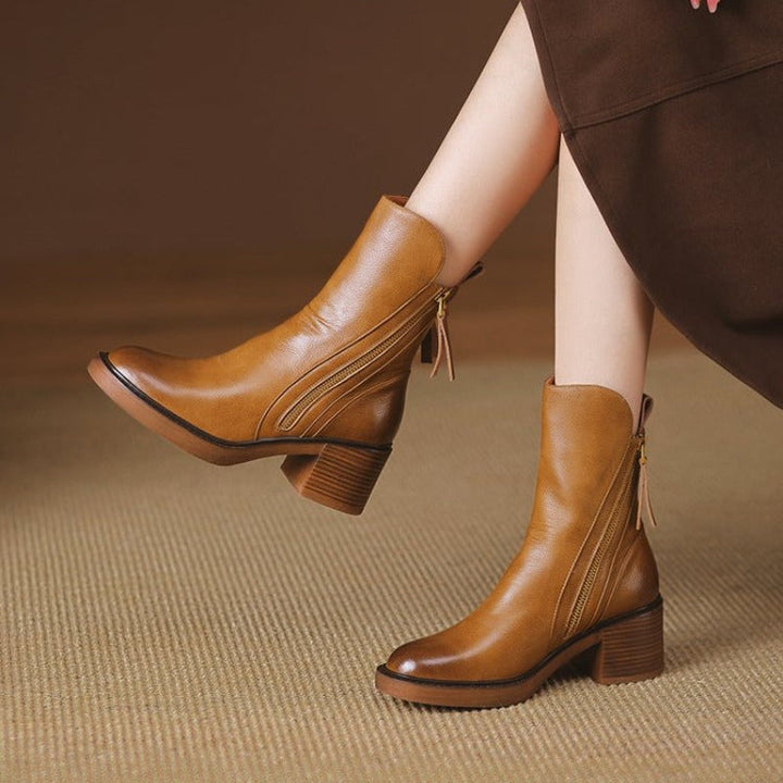 Women's ankle boots with side zippers and low block heels