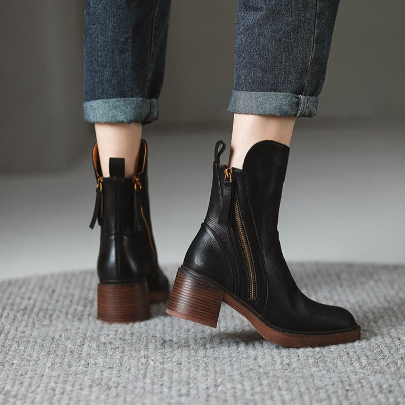 Women's ankle boots with side zippers and low block heels