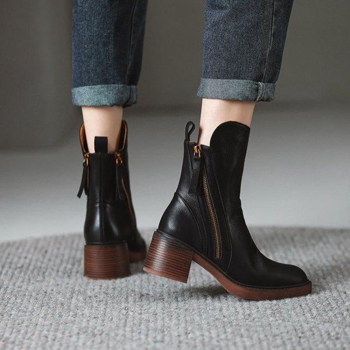 Women's ankle boots with side zippers and low block heels