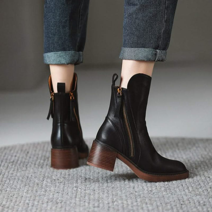 Women's ankle boots with side zippers and mid block heels