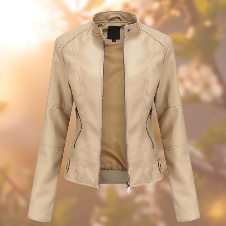 Women's faux leather-style jacket with stand collar and zip pockets