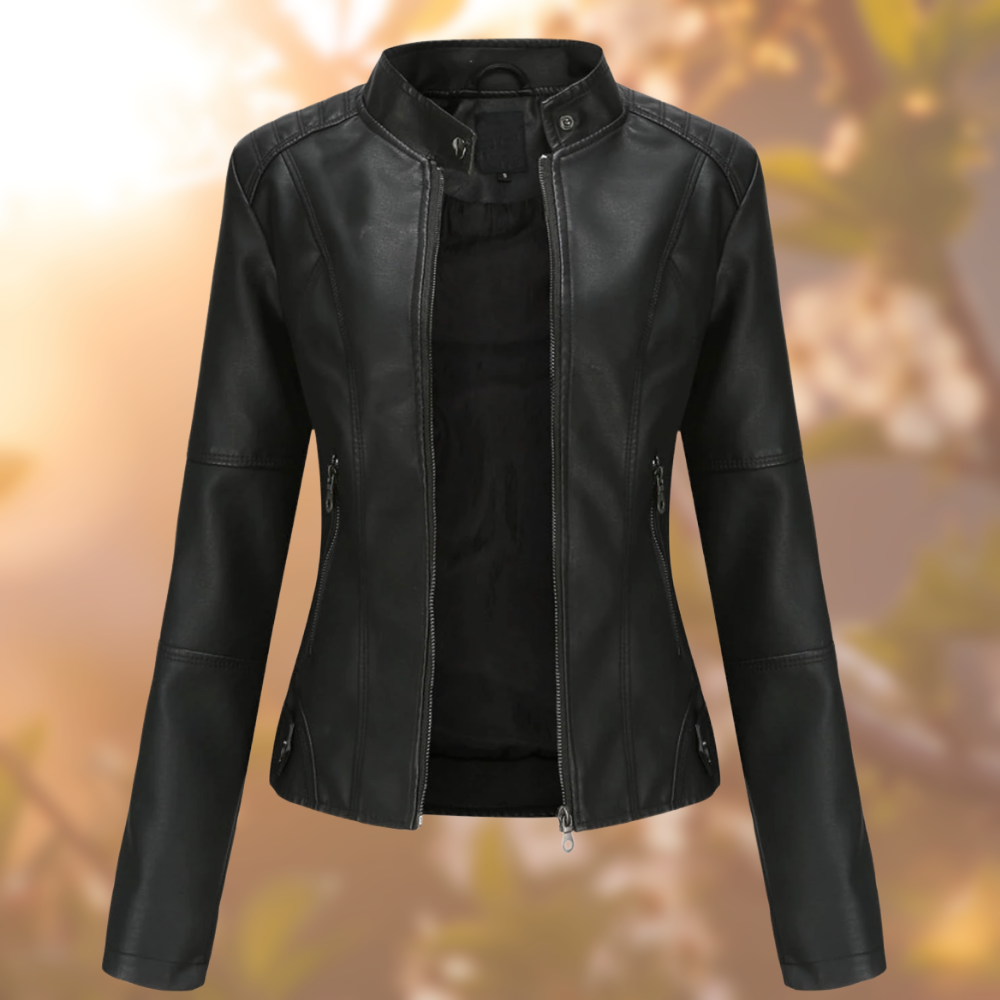 Women's faux leather-style jacket with stand collar and zip pockets