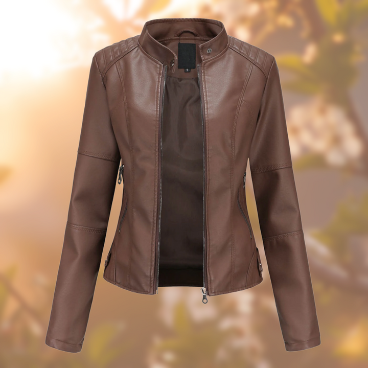 Women's faux leather-style jacket with stand collar and zip pockets