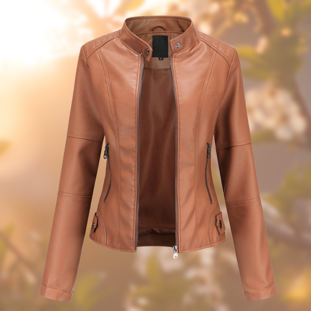 Women's faux leather-style jacket with stand collar and zip pockets