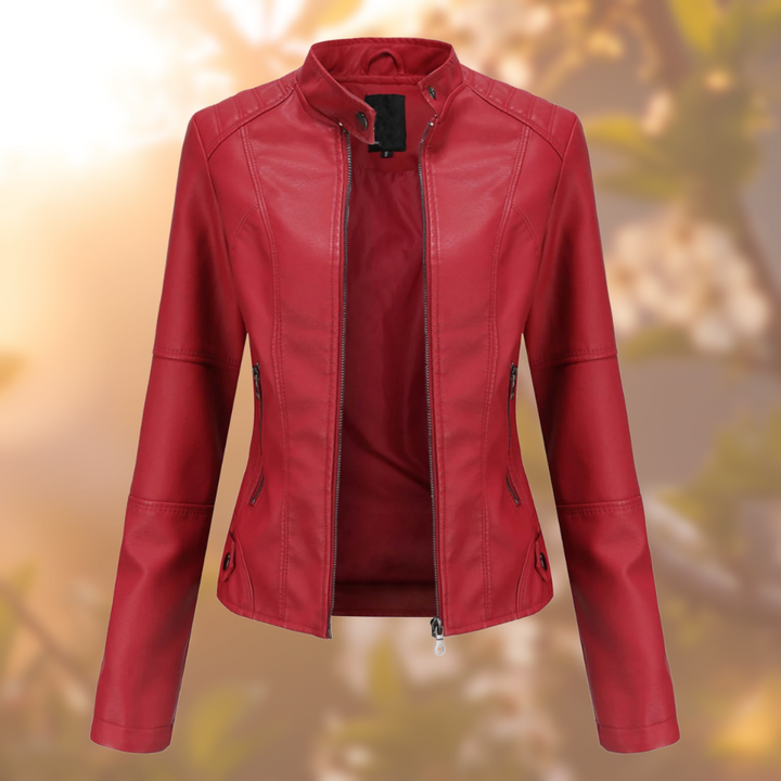 Women's faux leather-style jacket with stand collar and zip pockets
