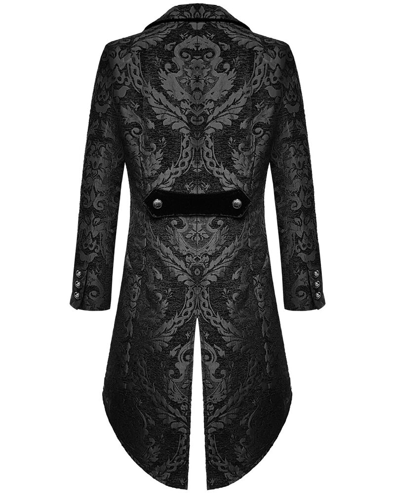 Men's black gothic damask tailcoat with high collar, buttons and long split tails