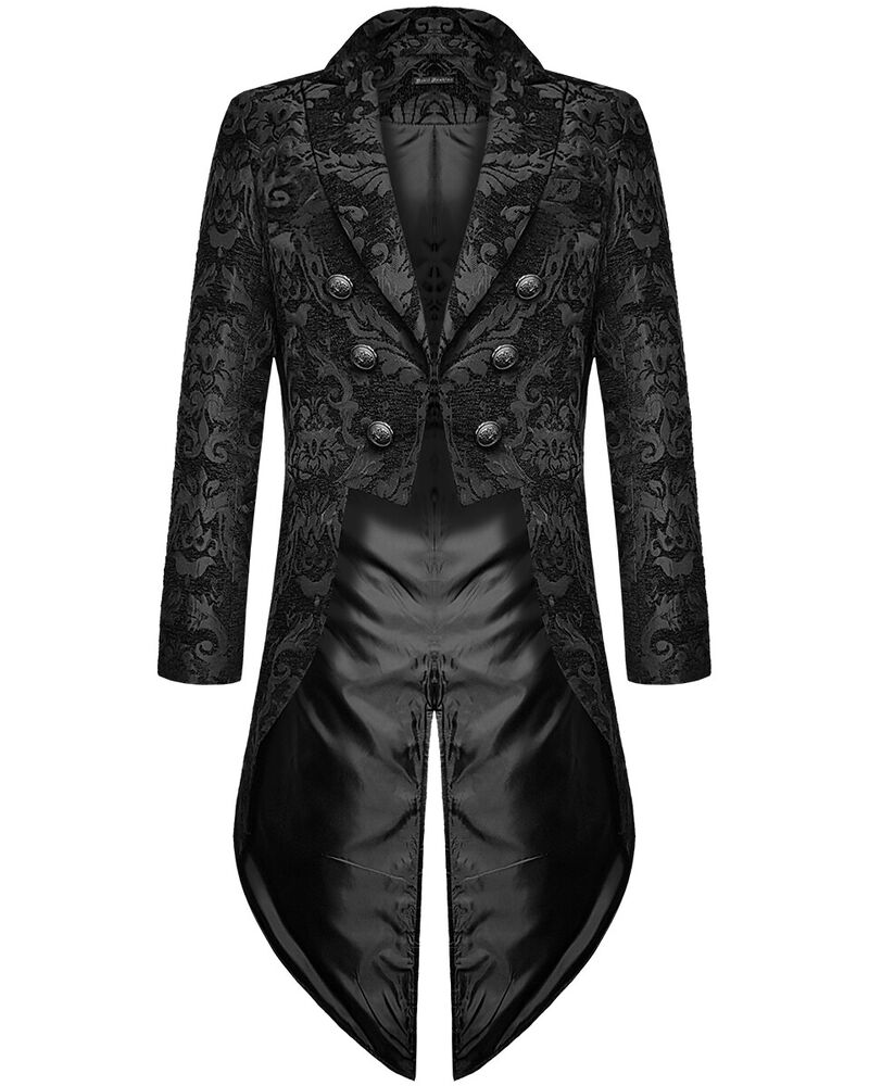 Men's black gothic damask tailcoat with high collar, buttons and long split tails