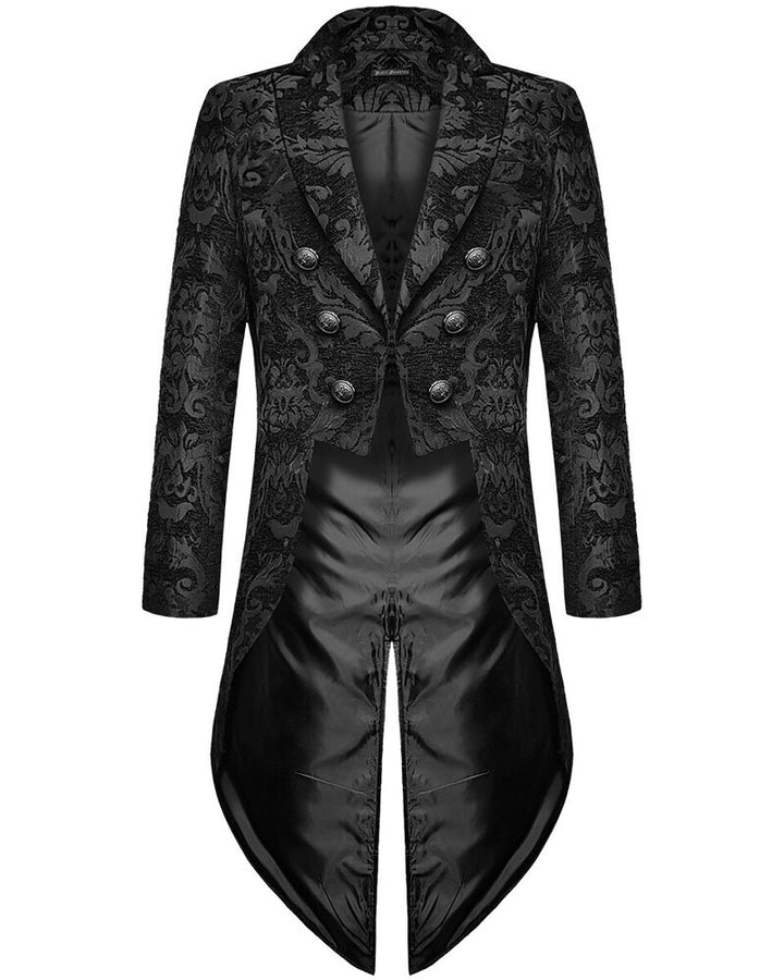Men's black gothic damask tailcoat with high collar, buttons and long split tails