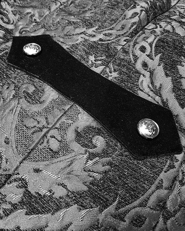 Men's black gothic damask tailcoat with high collar, buttons and long split tails