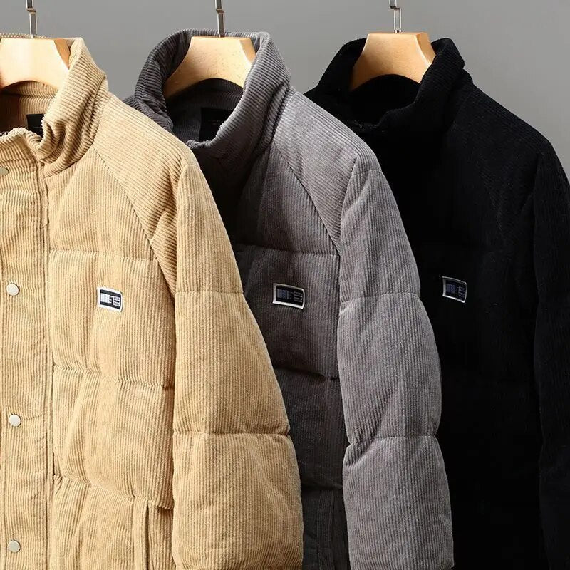 Men's ribbed corduroy padded jacket with high collar and front pockets