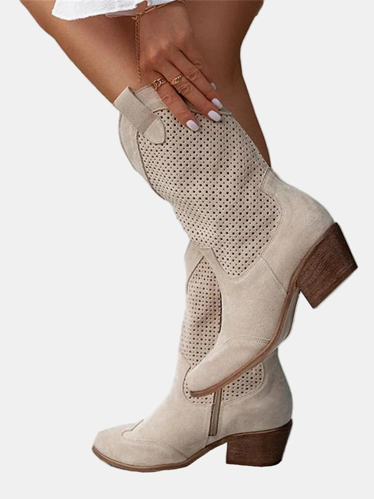 Perforated women's ankle boots with pointed toes and block heels
