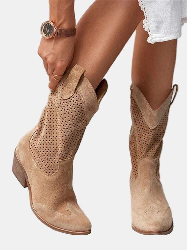 Perforated women's ankle boots with pointed toes and block heels