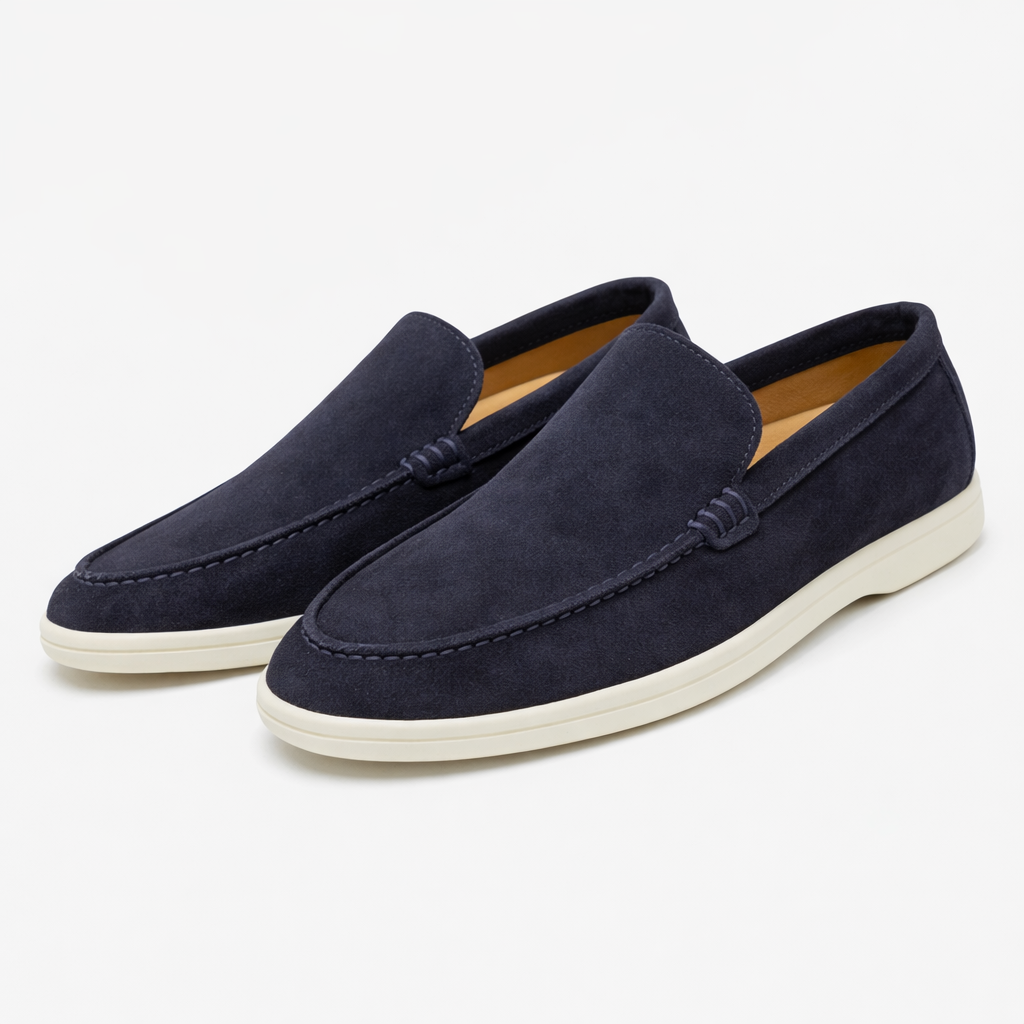 Como suede slip-on loafer in burgundy and beige with cream sole