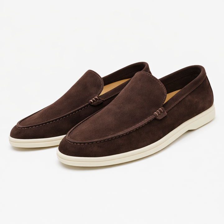Men's burgundy Como loafer with cream sole and moccasin stitching, shown from the side