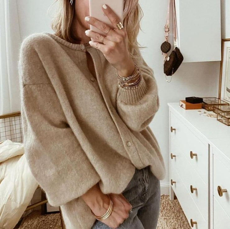 Women's beige button front knit cardigan with long sleeves
