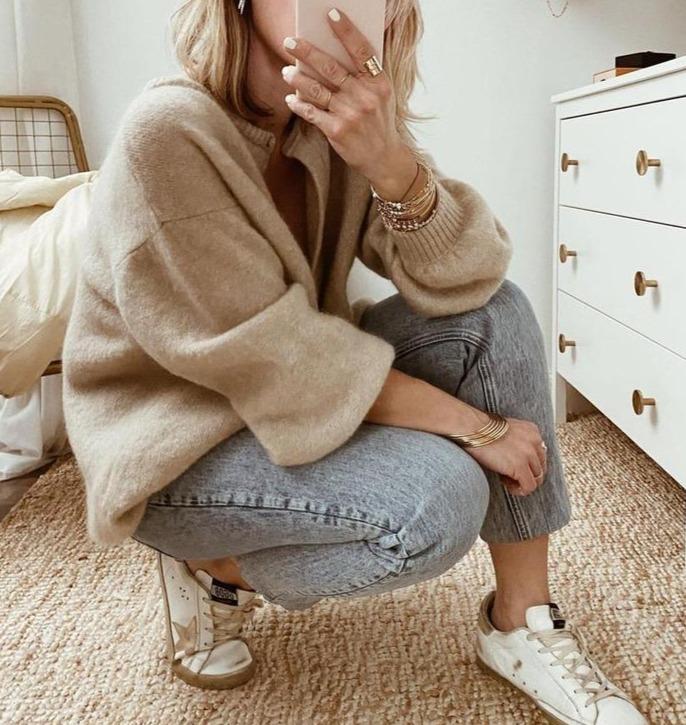 Women's beige button front knit cardigan with long sleeves