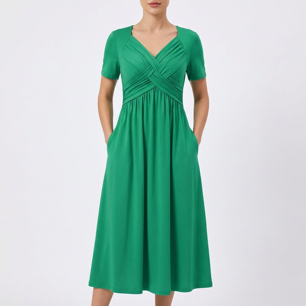 Women's Midi Dress — V-Neck Short Sleeve Ruched Summer Day Dress