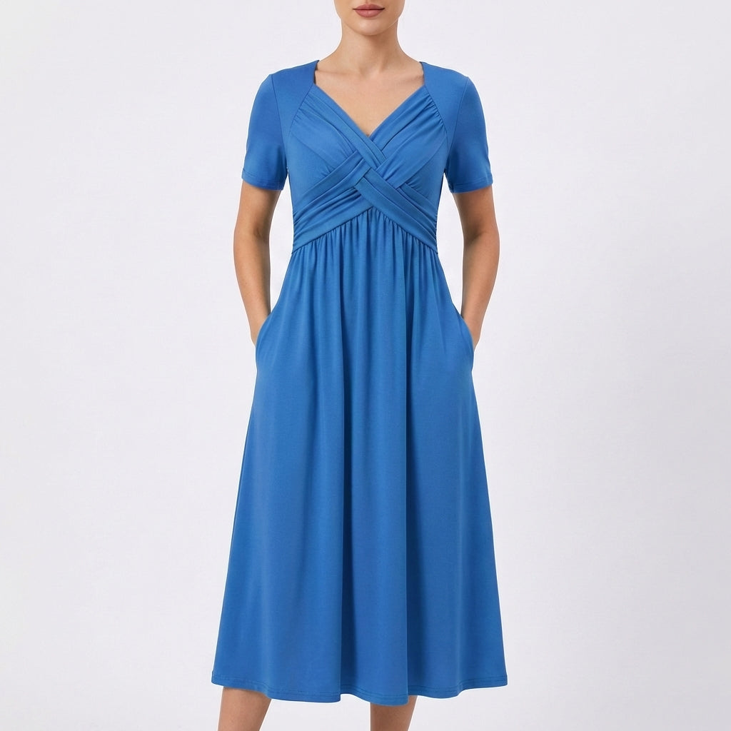 Women's Midi Dress — V-Neck Short Sleeve Ruched Summer Day Dress