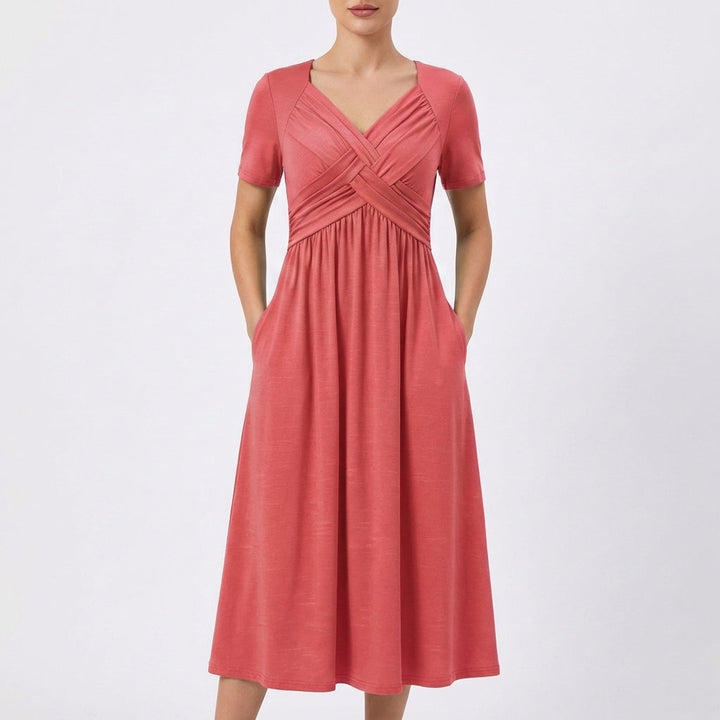Women's Midi Dress — V-Neck Short Sleeve Ruched Summer Day Dress