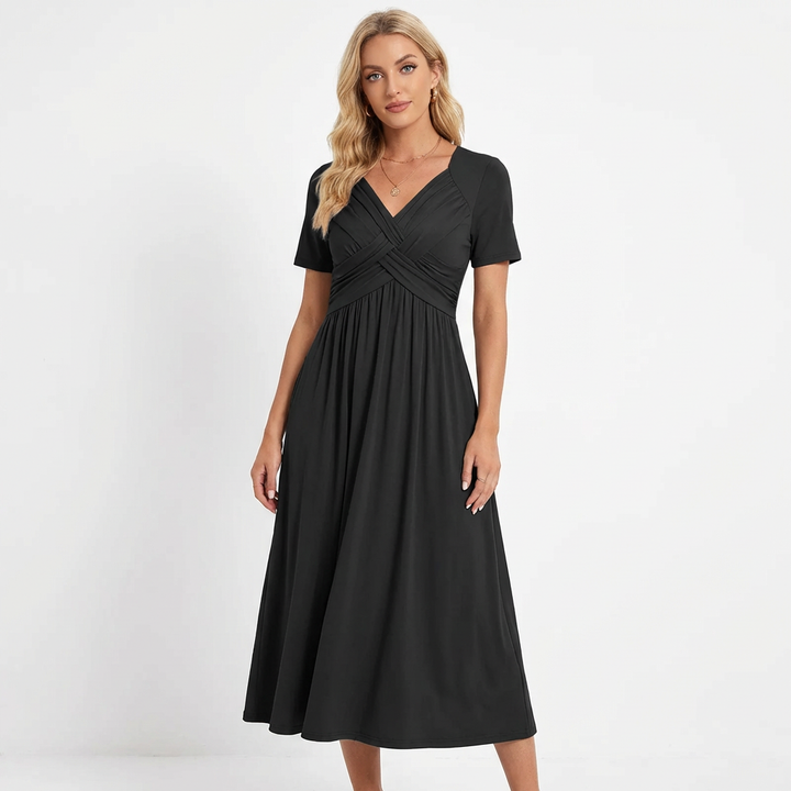 Women's Midi Dress — V-Neck Short Sleeve Ruched Summer Day Dress