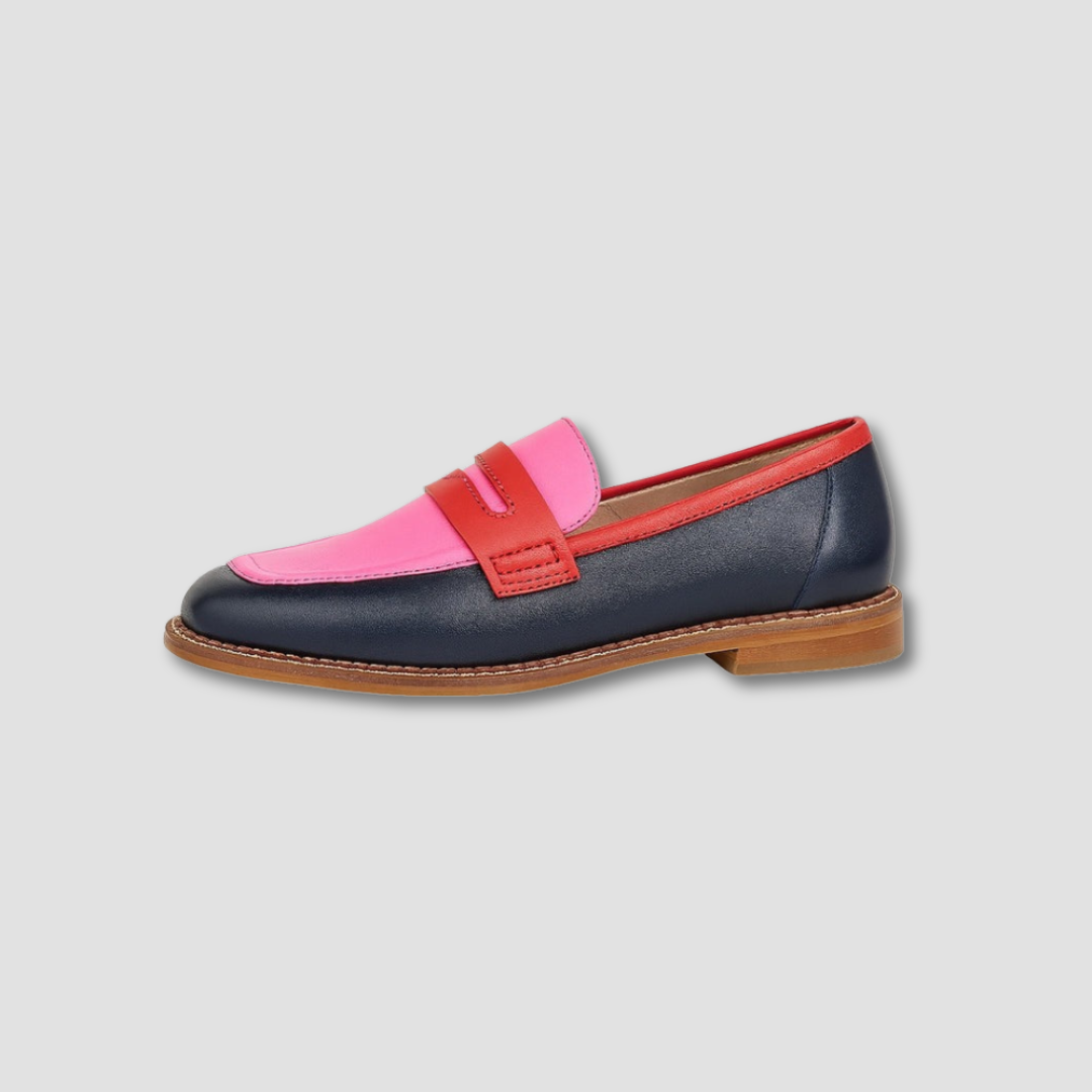 Women's pink, navy and red colour block penny loafers with flat tan soles