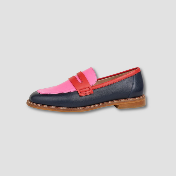 Women's pink, navy and red colour block penny loafers with flat tan soles