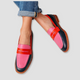 Women's pink, navy and red colour block penny loafers with flat tan soles