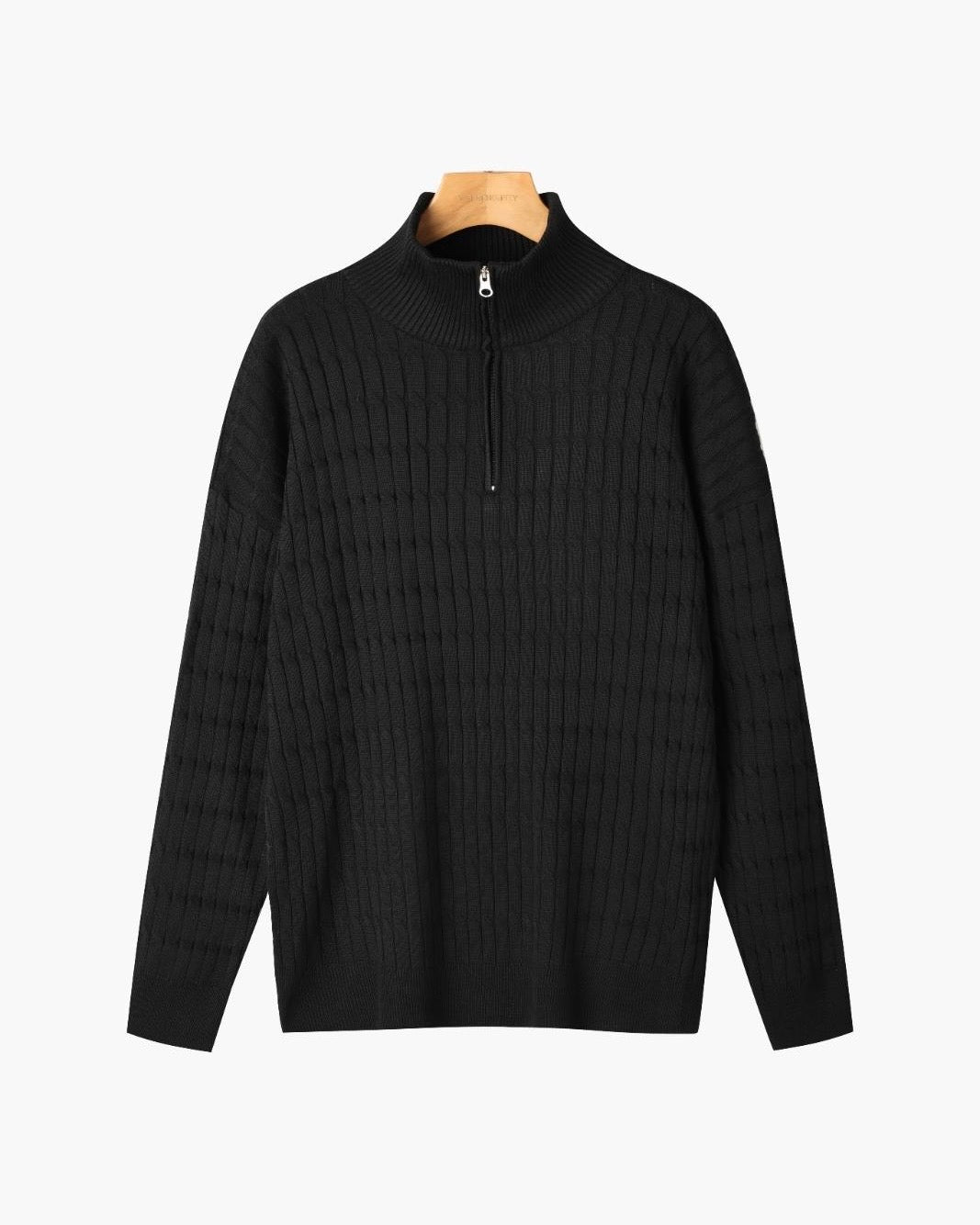 Unisex ribbed half-zip mock-neck sweater shown in white and black