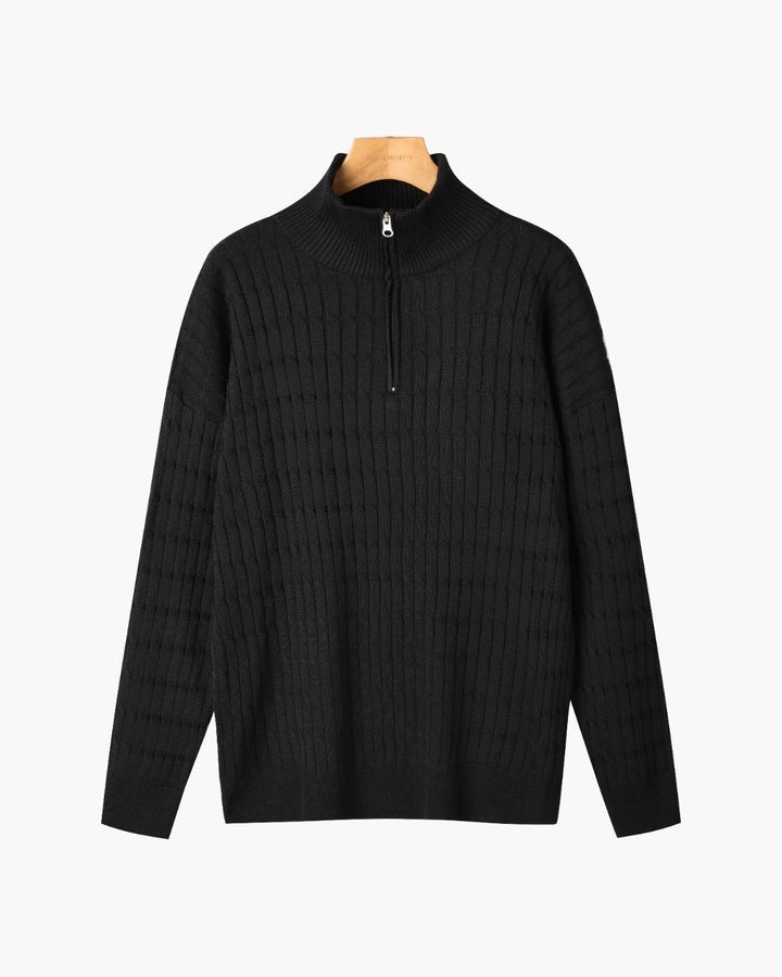 Unisex ribbed half-zip mock-neck sweater shown in white and black