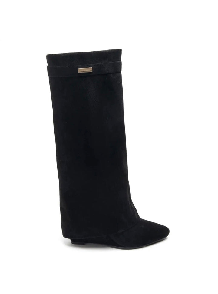 Women's black tall wedge boots with pointed toes, side zips and metal trim