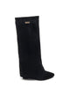 Women's black tall wedge boots with pointed toes, side zips and metal trim