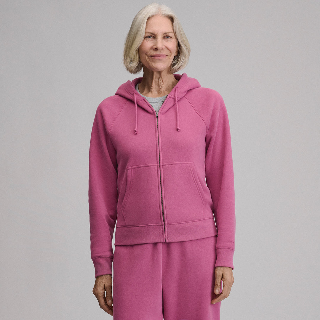 Women's full-zip hooded sweatshirt with long sleeves and front pockets