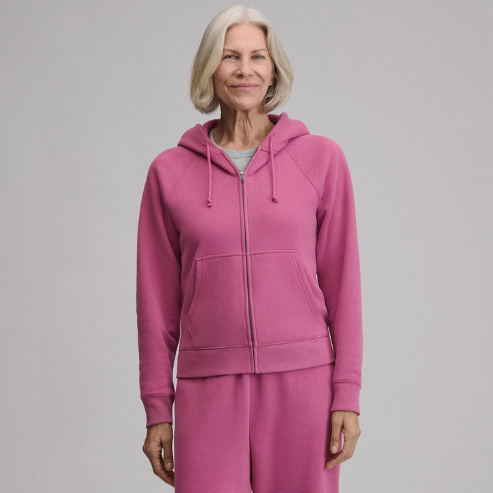 Women's full-zip hooded sweatshirt with long sleeves and front pockets