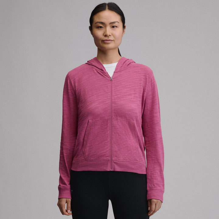 Women's hooded full-zip sweatshirt with long sleeves and front pockets