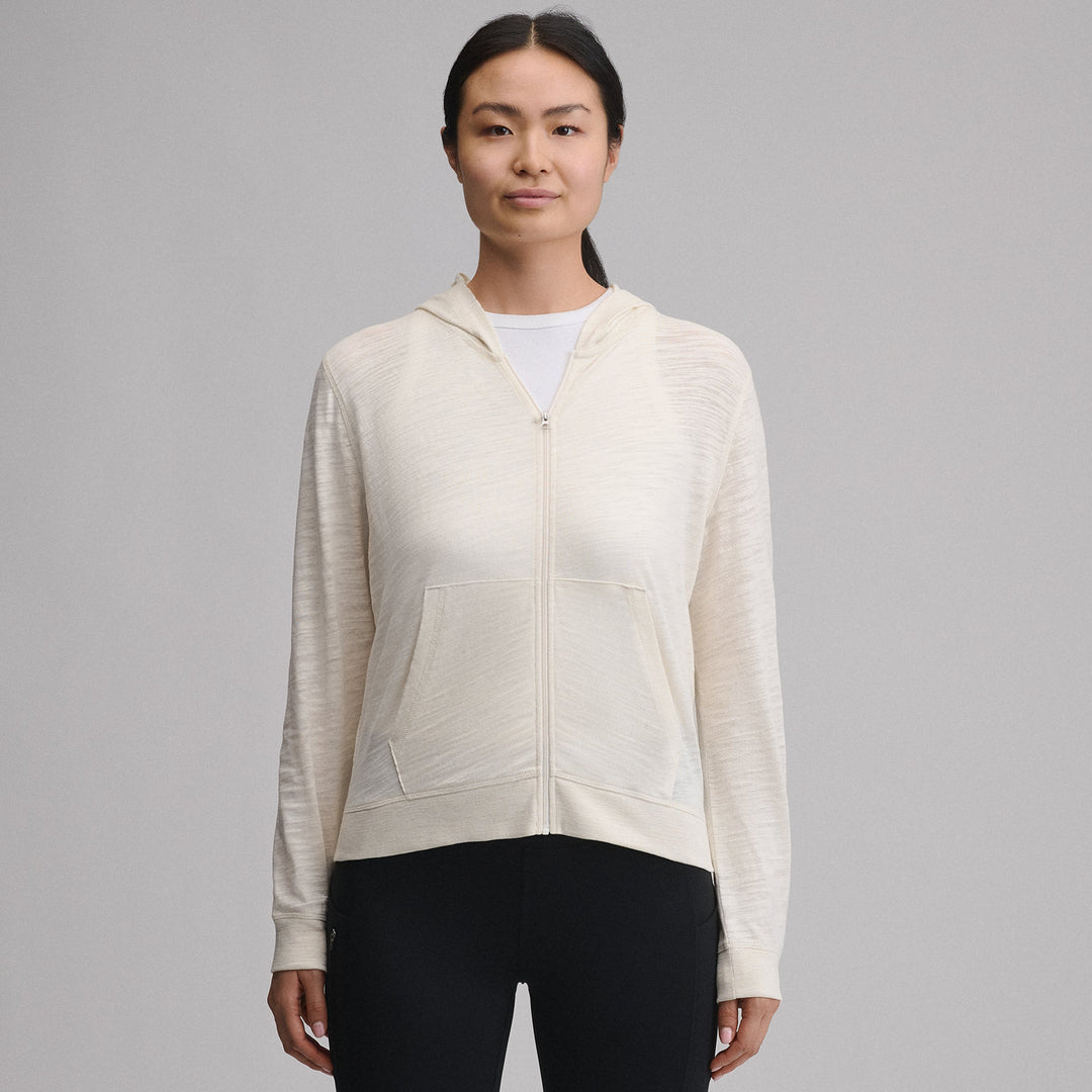 Women's hooded full-zip sweatshirt with long sleeves and front pockets