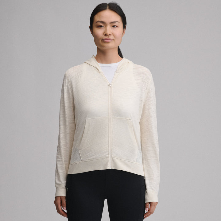 Women's hooded full-zip sweatshirt with long sleeves and front pockets
