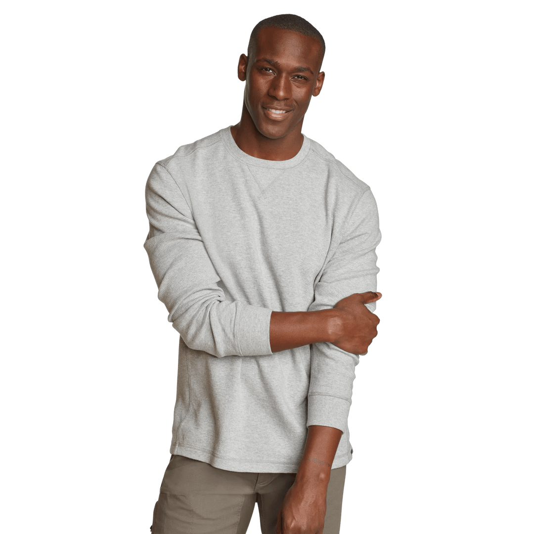 Men's long sleeve crew neck top with fine ribbed texture and cuffed sleeves