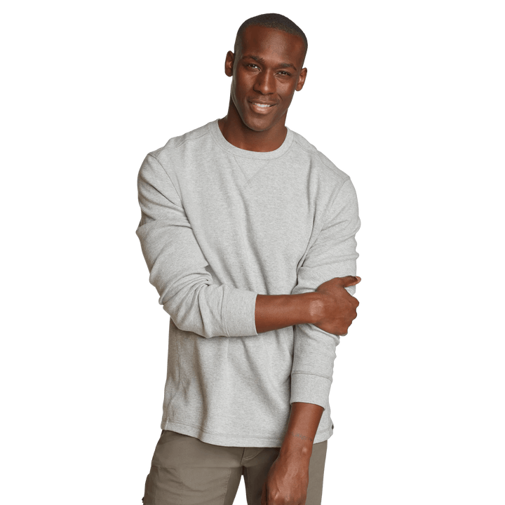 Men's long sleeve crew neck top with fine ribbed texture and cuffed sleeves